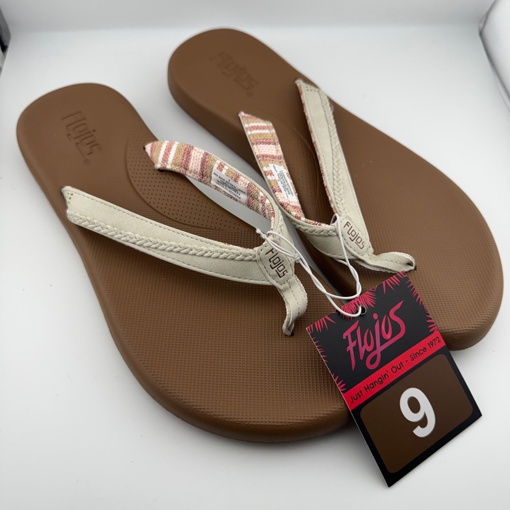 Flojos Flip Flop Sandals Women 9 White Brown NWT Braided Tropical Beach Summer